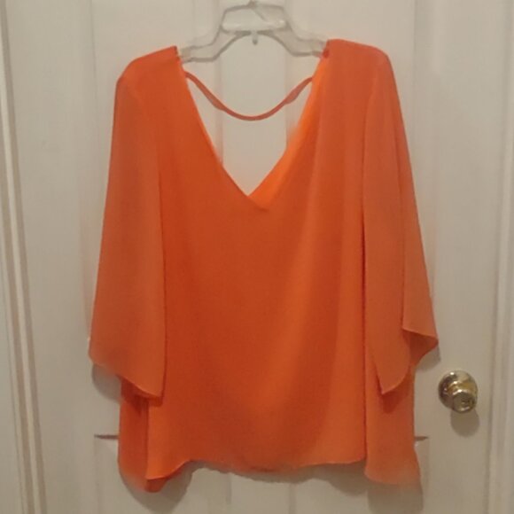 NWOT Women's Bisou Bisou Orange Sheer Lined Blouse 3/4 Sheer Sleeve 3X V-Neck - Picture 1 of 7